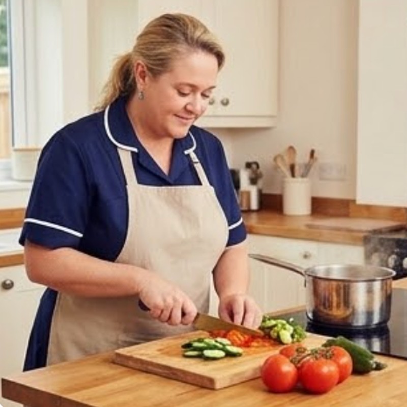 Sarah preparing a meal in the kitchen